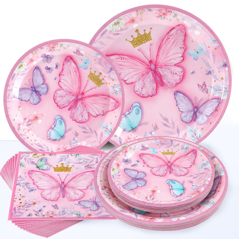 Rozā purpursarkanā tauriņa vienreizlietojamie galda piederumi, papīra šķīvju krūzes komplekti, tauriņu dzimšanas dienas ballītes dekori, meitenes mazuļa dušas piederumi kāzām