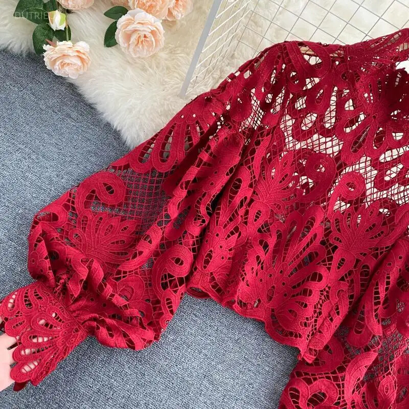 Divatos, elegáns lámpás hosszú ujjú blúzok, 2024-es, friss, édes, cipzáras, rövid blusák, szexi csipkés, üreges, kiálló galléros női ing