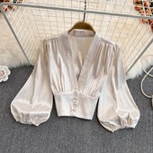 Sieviešu seksīgi dziļi V kakla izgriezuma krekli retro leoparda apdrukas krekli Satīna modes Eleganti Slim Lantern Piedurkņu Blūze Biroja Sieviešu šiki īsie topi