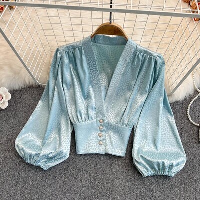 Sieviešu seksīgi dziļi V kakla izgriezuma krekli retro leoparda apdrukas krekli Satīna modes Eleganti Slim Lantern Piedurkņu Blūze Biroja Sieviešu šiki īsie topi