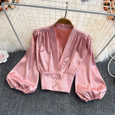 Sieviešu seksīgi dziļi V kakla izgriezuma krekli retro leoparda apdrukas krekli Satīna modes Eleganti Slim Lantern Piedurkņu Blūze Biroja Sieviešu šiki īsie topi