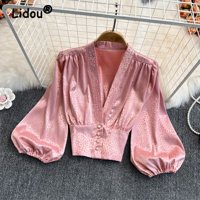 Sieviešu seksīgi dziļi V kakla izgriezuma krekli retro leoparda apdrukas krekli Satīna modes Eleganti Slim Lantern Piedurkņu Blūze Biroja Sieviešu šiki īsie topi