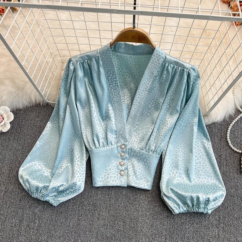 Sieviešu seksīgi dziļi V kakla izgriezuma krekli retro leoparda apdrukas krekli Satīna modes Eleganti Slim Lantern Piedurkņu Blūze Biroja Sieviešu šiki īsie topi