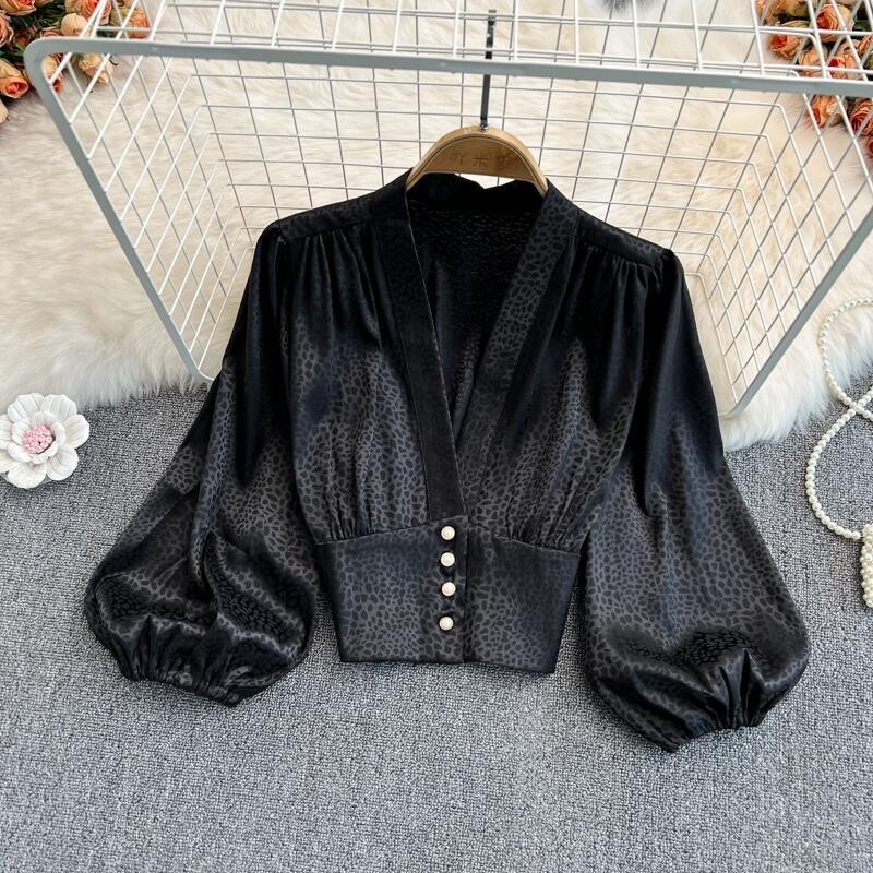 Sieviešu seksīgi dziļi V kakla izgriezuma krekli retro leoparda apdrukas krekli Satīna modes Eleganti Slim Lantern Piedurkņu Blūze Biroja Sieviešu šiki īsie topi