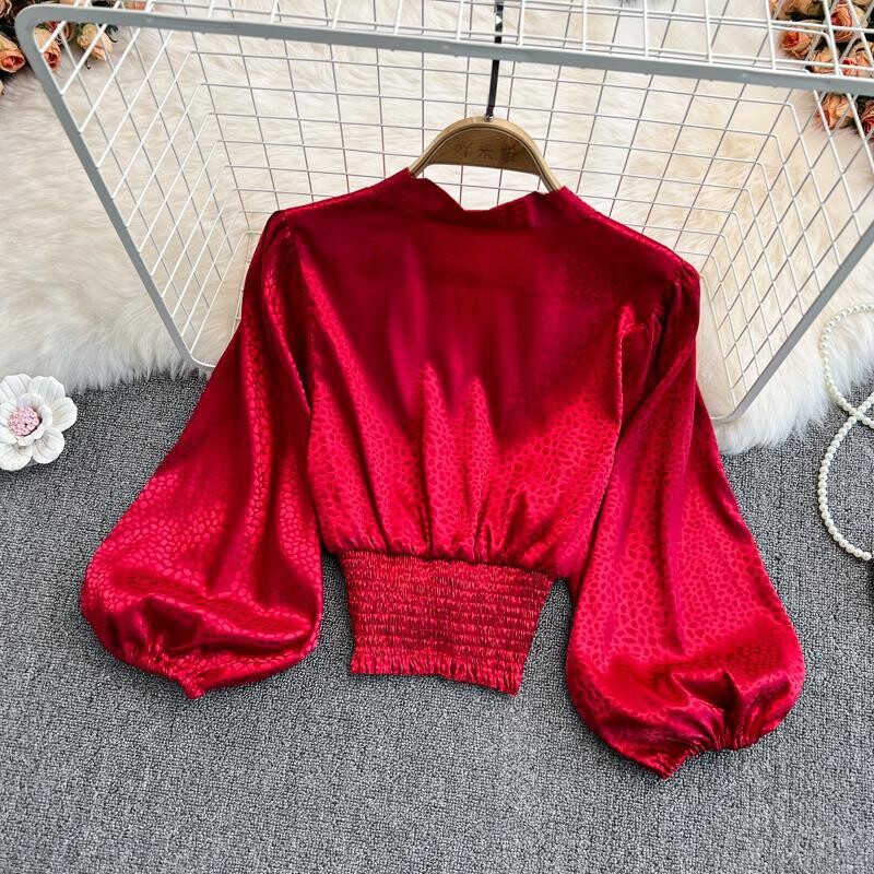 Sieviešu seksīgi dziļi V kakla izgriezuma krekli retro leoparda apdrukas krekli Satīna modes Eleganti Slim Lantern Piedurkņu Blūze Biroja Sieviešu šiki īsie topi