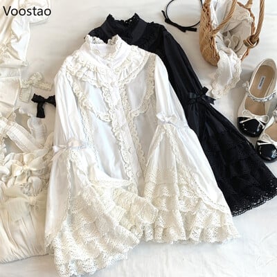 Victorian Elegant Lolita Särgid Naiste Harajuku Gooti Y2k Pits Ruffle Flare Varrukatega Puuvillane pluus Naiste Vintage Blusas Mujer Top