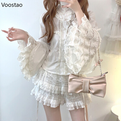 Viktorijas Eleganti Lolitas Krekli Sieviešu Harajuku Gothic Y2k Mežģīnes Ruffle Flare Piedurknēm Kokvilnas blūze Sieviešu Vintage Blusas Mujer Top