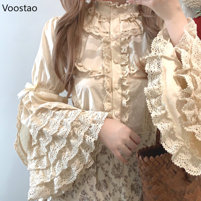 Viktorijas Eleganti Lolitas Krekli Sieviešu Harajuku Gothic Y2k Mežģīnes Ruffle Flare Piedurknēm Kokvilnas blūze Sieviešu Vintage Blusas Mujer Top
