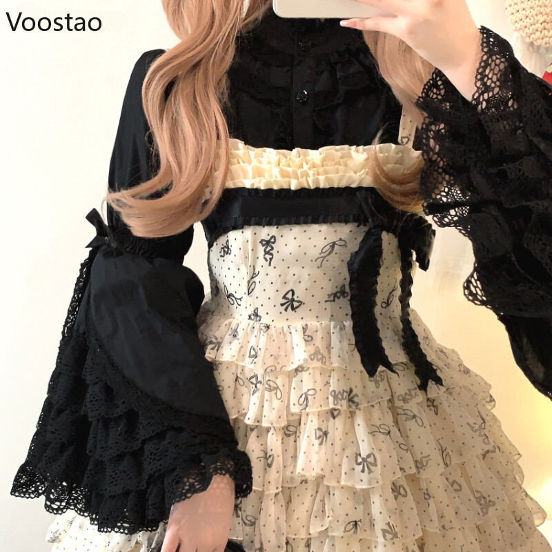 Viktorijas Eleganti Lolitas Krekli Sieviešu Harajuku Gothic Y2k Mežģīnes Ruffle Flare Piedurknēm Kokvilnas blūze Sieviešu Vintage Blusas Mujer Top