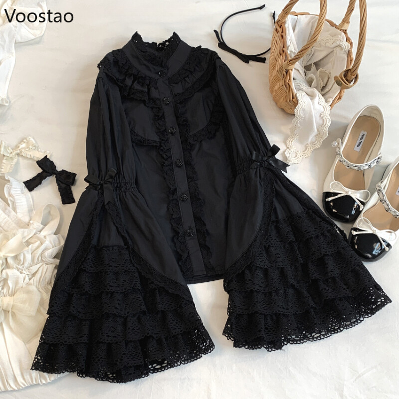 Viktorijas Eleganti Lolitas Krekli Sieviešu Harajuku Gothic Y2k Mežģīnes Ruffle Flare Piedurknēm Kokvilnas blūze Sieviešu Vintage Blusas Mujer Top