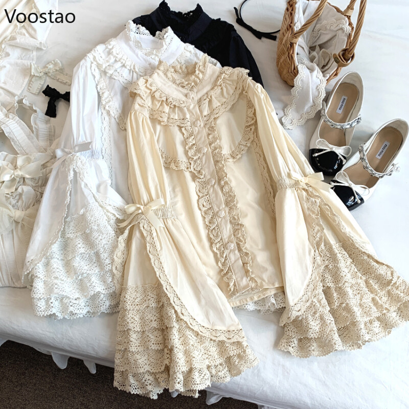 Viktorijas Eleganti Lolitas Krekli Sieviešu Harajuku Gothic Y2k Mežģīnes Ruffle Flare Piedurknēm Kokvilnas blūze Sieviešu Vintage Blusas Mujer Top