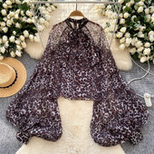 Eleganta O veida kakla tauriņa pārsējs Vintage, garām laternas piedurknēm, elegants leoparda sietveida auduma tops franču ielas apģērbam High Street rudens blūze