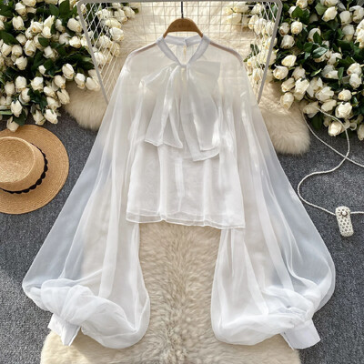 Eleganta O veida kakla tauriņa pārsējs Vintage, garām laternas piedurknēm, elegants leoparda sietveida auduma tops franču ielas apģērbam High Street rudens blūze