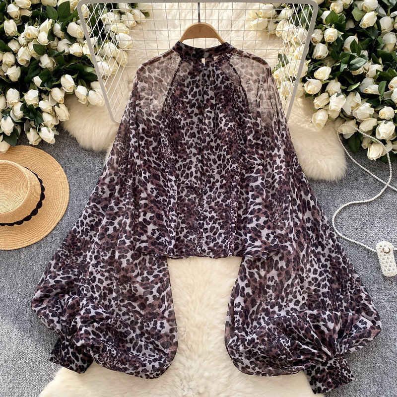 Eleganta O veida kakla tauriņa pārsējs Vintage, garām laternas piedurknēm, elegants leoparda sietveida auduma tops franču ielas apģērbam High Street rudens blūze