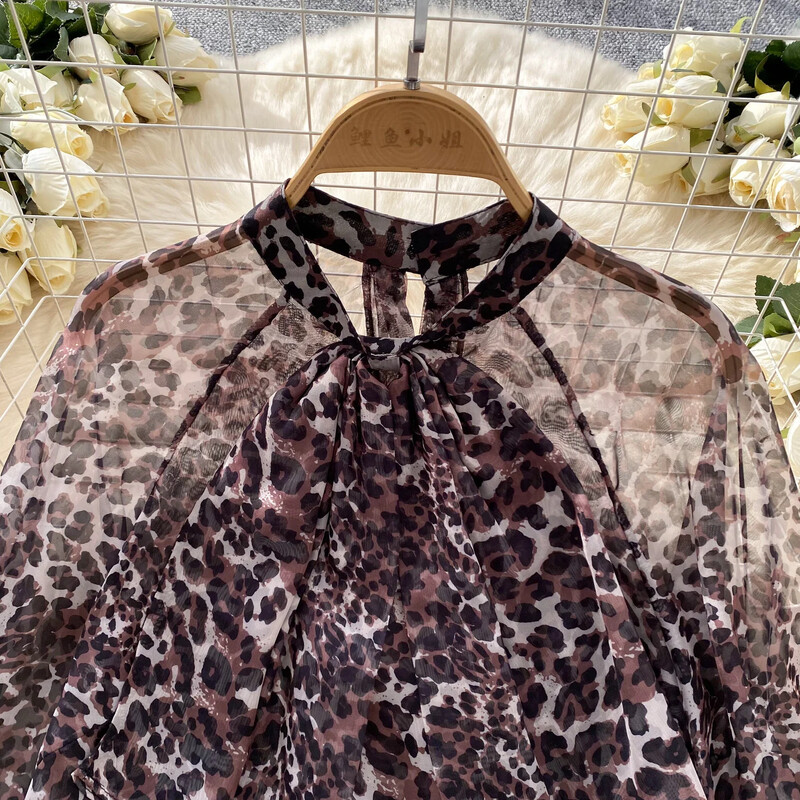 Eleganta O veida kakla tauriņa pārsējs Vintage, garām laternas piedurknēm, elegants leoparda sietveida auduma tops franču ielas apģērbam High Street rudens blūze