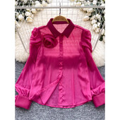 Chic guler răsturnat, epocă, mânecă lanternă, plasă cu un singur piept, 3D, flori, modă franceză, îmbrăcăminte de stradă, bluză de toamnă