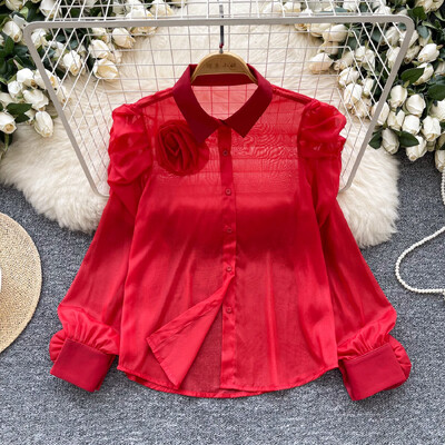 Chic guler răsturnat, epocă, mânecă lanternă, plasă cu un singur piept, 3D, flori, modă franceză, îmbrăcăminte de stradă, bluză de toamnă