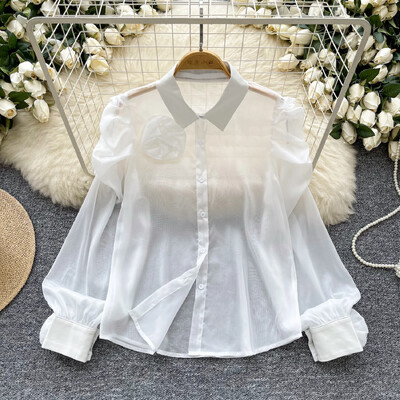 Chic guler răsturnat, epocă, mânecă lanternă, plasă cu un singur piept, 3D, flori, modă franceză, îmbrăcăminte de stradă, bluză de toamnă