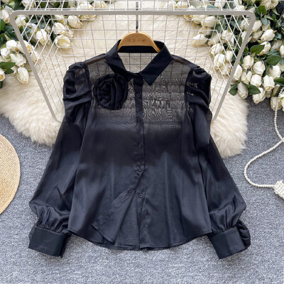 Chic guler răsturnat, epocă, mânecă lanternă, plasă cu un singur piept, 3D, flori, modă franceză, îmbrăcăminte de stradă, bluză de toamnă