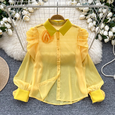 Chic guler răsturnat, epocă, mânecă lanternă, plasă cu un singur piept, 3D, flori, modă franceză, îmbrăcăminte de stradă, bluză de toamnă