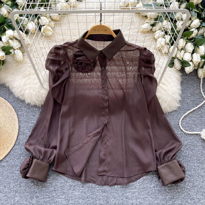 Chic guler răsturnat, epocă, mânecă lanternă, plasă cu un singur piept, 3D, flori, modă franceză, îmbrăcăminte de stradă, bluză de toamnă