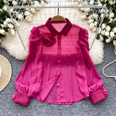 Chic guler răsturnat, epocă, mânecă lanternă, plasă cu un singur piept, 3D, flori, modă franceză, îmbrăcăminte de stradă, bluză de toamnă