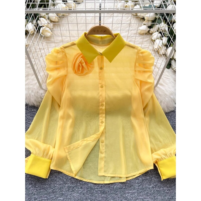 Chic guler răsturnat, epocă, mânecă lanternă, plasă cu un singur piept, 3D, flori, modă franceză, îmbrăcăminte de stradă, bluză de toamnă