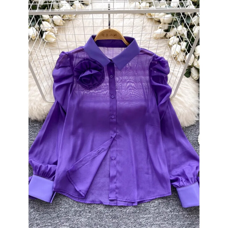 Chic guler răsturnat, epocă, mânecă lanternă, plasă cu un singur piept, 3D, flori, modă franceză, îmbrăcăminte de stradă, bluză de toamnă