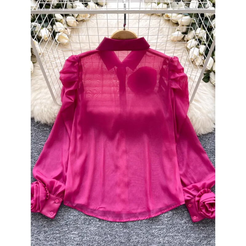 Chic guler răsturnat, epocă, mânecă lanternă, plasă cu un singur piept, 3D, flori, modă franceză, îmbrăcăminte de stradă, bluză de toamnă