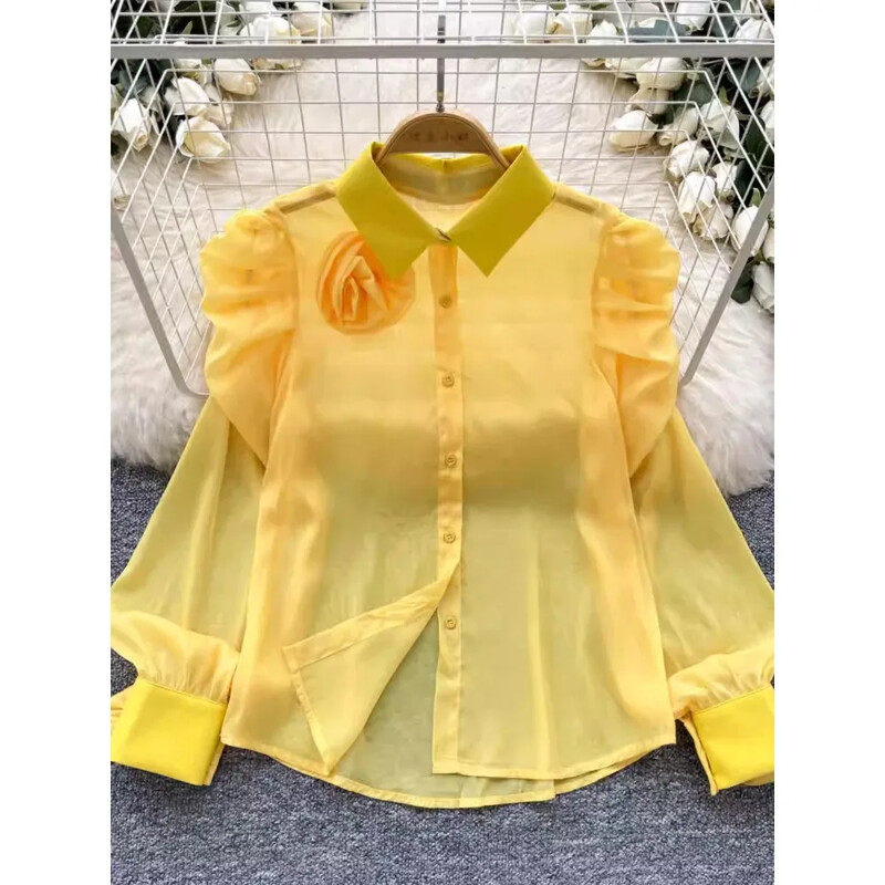 Chic guler răsturnat, epocă, mânecă lanternă, plasă cu un singur piept, 3D, flori, modă franceză, îmbrăcăminte de stradă, bluză de toamnă