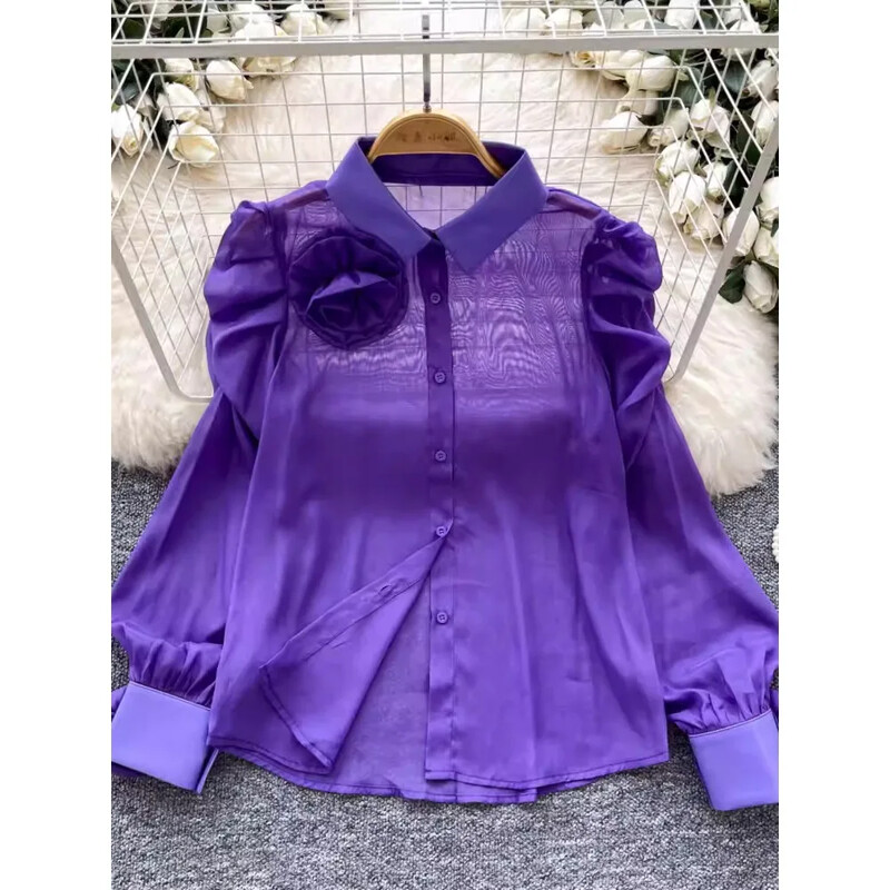 Chic guler răsturnat, epocă, mânecă lanternă, plasă cu un singur piept, 3D, flori, modă franceză, îmbrăcăminte de stradă, bluză de toamnă