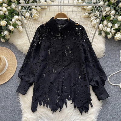 Elegants, mežģīnes ar dobām piedurknēm atloks ar vienrindu, elegants modes seksīgs krekls pavasara rudens sieviešu blūze