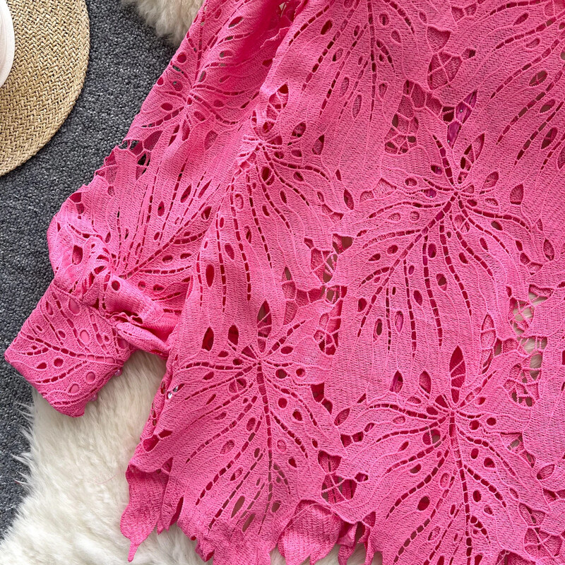 Elegants, mežģīnes ar dobām piedurknēm atloks ar vienrindu, elegants modes seksīgs krekls pavasara rudens sieviešu blūze