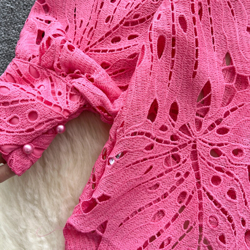 Elegants, mežģīnes ar dobām piedurknēm atloks ar vienrindu, elegants modes seksīgs krekls pavasara rudens sieviešu blūze