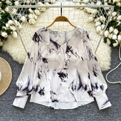 Κομψό ασύμμετρο βολάν Vintage σέξι V-λαιμόκοψη Βασικά μακρυμάνικο κομψό στάμπα Κορυφαία γυναικεία κορεατική μόδα φθινοπωρινή μπλούζα