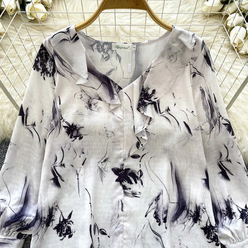 Κομψό ασύμμετρο βολάν Vintage σέξι V-λαιμόκοψη Βασικά μακρυμάνικο κομψό στάμπα Κορυφαία γυναικεία κορεατική μόδα φθινοπωρινή μπλούζα
