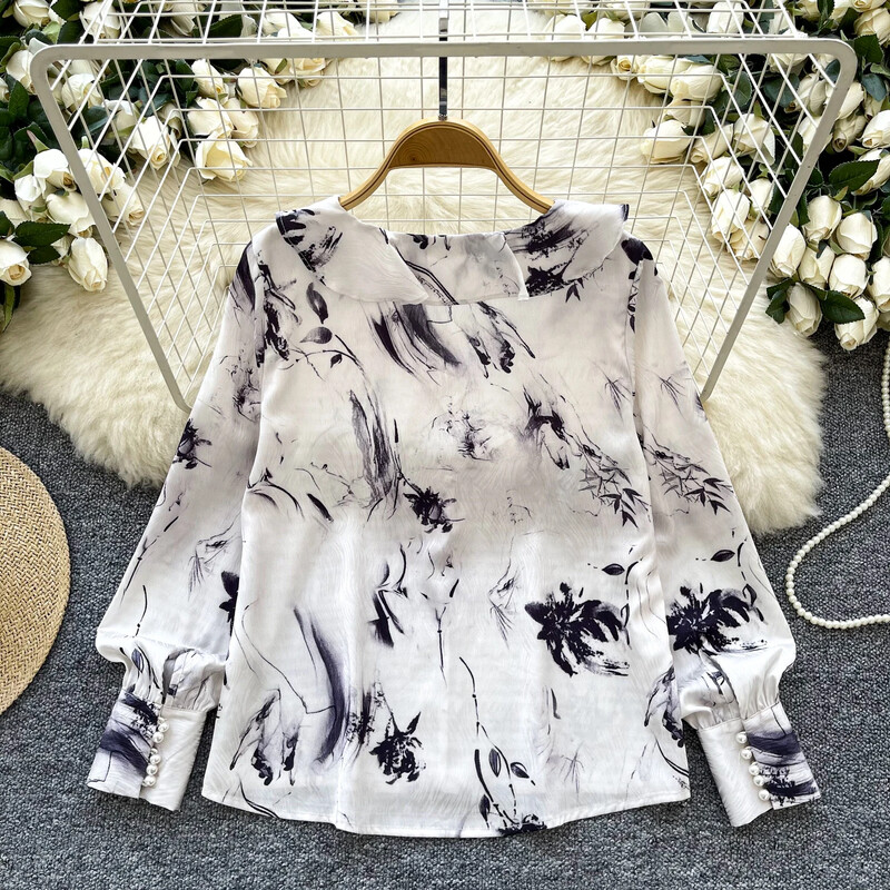 Κομψό ασύμμετρο βολάν Vintage σέξι V-λαιμόκοψη Βασικά μακρυμάνικο κομψό στάμπα Κορυφαία γυναικεία κορεατική μόδα φθινοπωρινή μπλούζα