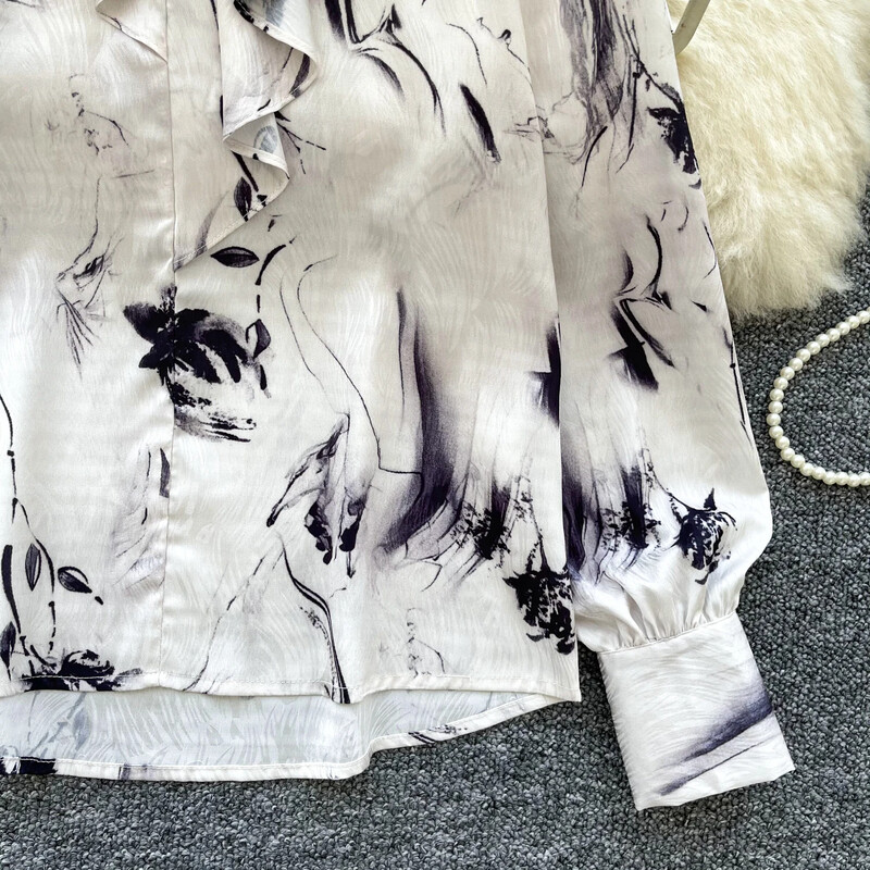 Κομψό ασύμμετρο βολάν Vintage σέξι V-λαιμόκοψη Βασικά μακρυμάνικο κομψό στάμπα Κορυφαία γυναικεία κορεατική μόδα φθινοπωρινή μπλούζα