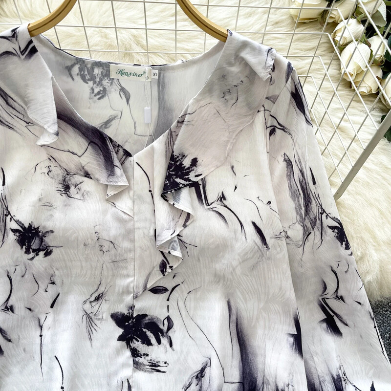 Κομψό ασύμμετρο βολάν Vintage σέξι V-λαιμόκοψη Βασικά μακρυμάνικο κομψό στάμπα Κορυφαία γυναικεία κορεατική μόδα φθινοπωρινή μπλούζα