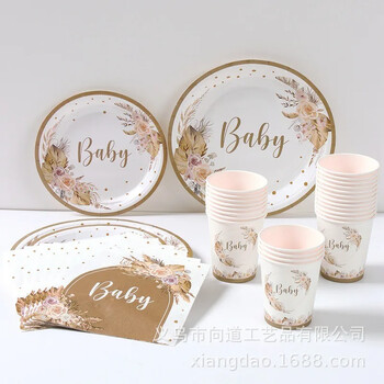 Επιτραπέζια σκεύη μιας χρήσης Bohemia Babyshower Flower Plant Baby Girl Χάρτινα πιάτα Χαρτοπετσέτες Happy 1st Birthday Party Decor Baby Shower