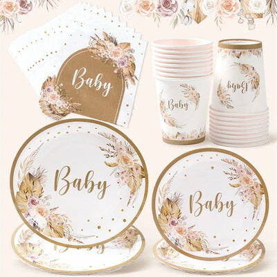 Bohemia Babyshower eldobható étkészlet Virág növény Baba lány Papírtányérok Szalvéták Boldog 1. Születésnapi Party dekoráció Babazuhany