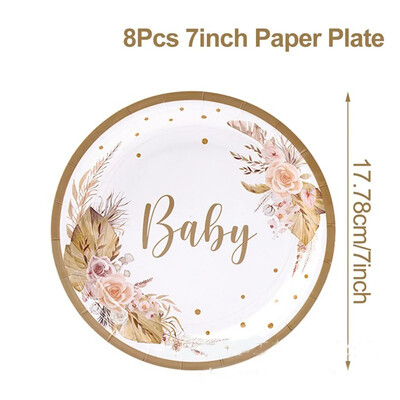 Bohemia Babyshower Vienkartiniai stalo reikmenys Gėlių augalas Baby Girl Popierinės lėkštės Servetėlės Su 1-ojo gimtadienio vakarėlio dekoracija Kūdikių dušas
