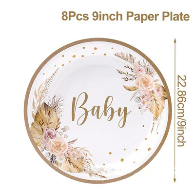 Bohemia Babyshower Vienkartiniai stalo reikmenys Gėlių augalas Baby Girl Popierinės lėkštės Servetėlės Su 1-ojo gimtadienio vakarėlio dekoracija Kūdikių dušas