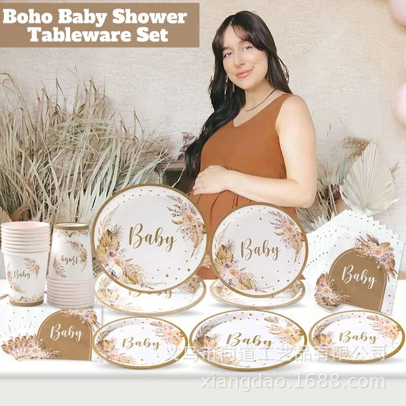 Bohemia Babyshower Vienreizlietojamie trauki Ziedu stāds Meiteņu šķīvji Papīra šķīvji Salvetes Laimīgu 1. dzimšanas dienu ballītes dekors bērnu duša