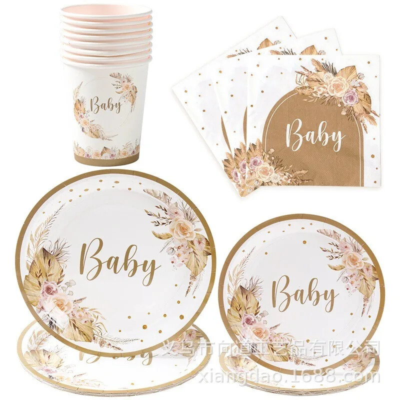 Bohemia Babyshower Vienreizlietojamie trauki Ziedu stāds Meiteņu šķīvji Papīra šķīvji Salvetes Laimīgu 1. dzimšanas dienu ballītes dekors bērnu duša