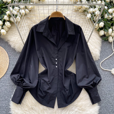 Eleganta nolaižama apkakle Vintage ar garām laternas piedurknēm Eleganta kroku šauras pogas, franču ielas apģērba augšdaļa High Street rudens blūze