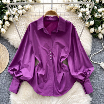 Eleganta nolaižama apkakle Vintage ar garām laternas piedurknēm Eleganta kroku šauras pogas, franču ielas apģērba augšdaļa High Street rudens blūze