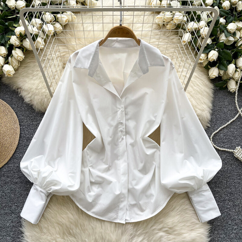 Eleganta nolaižama apkakle Vintage ar garām laternas piedurknēm Eleganta kroku šauras pogas, franču ielas apģērba augšdaļa High Street rudens blūze