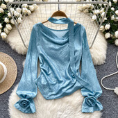 Vintage šūpojoša apkakle Eleganta trīsdimensiju ziedu, eleganta, ar garām piedurknēm, slaida korejiešu ielas apģērba blūze