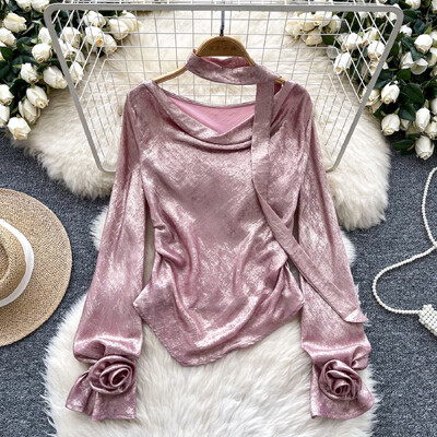 Vintage šūpojoša apkakle Eleganta trīsdimensiju ziedu, eleganta, ar garām piedurknēm, slaida korejiešu ielas apģērba blūze